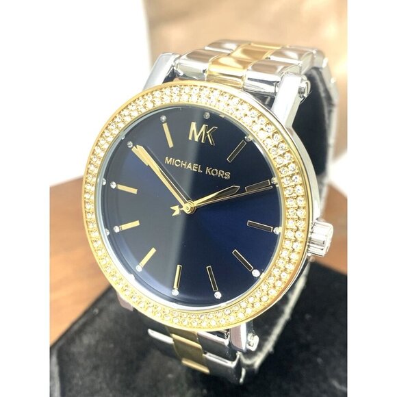 Michael Kors Womens Watch MKO1049 Quartz Blue Dial Two Tone Stainless Steel 38mm